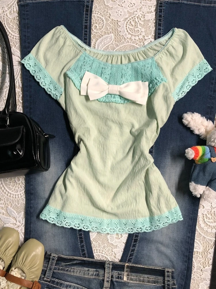 Vintage Streetwear Y2K Retro Slim Fit Outfit Forest Style Green Lace Short Sleeve Shirt Women Summer Fashion Patchwork T-shirt