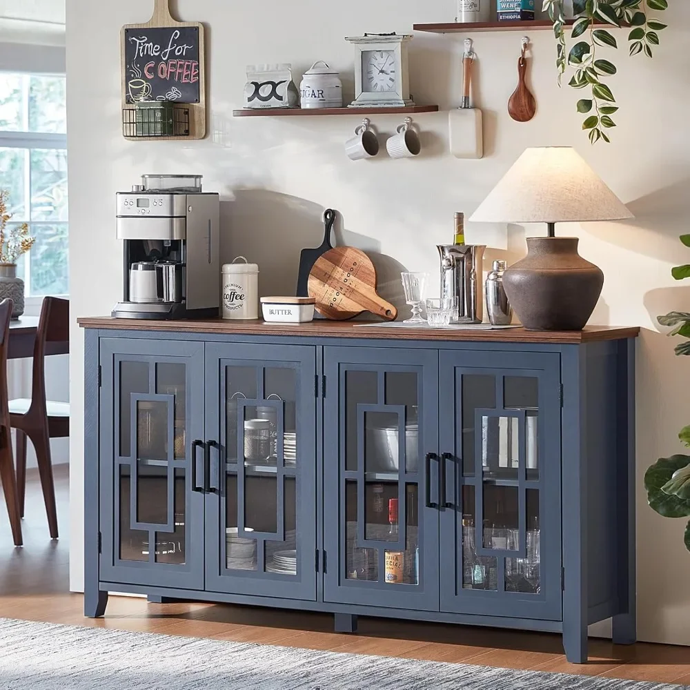 

63" Farmhouse Navy Blue Kitchen Cafe Bar Cabinet with 4 Glass Doors Mid Century Modern Wood Sideboard