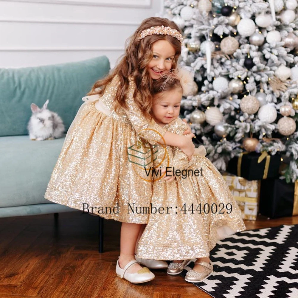 Customized Cute Gold Flower Girl Dresses Sequined Full Sleeve Wedding Party Gowns for Birthday New 2025 Summer فساتين اطفال ل