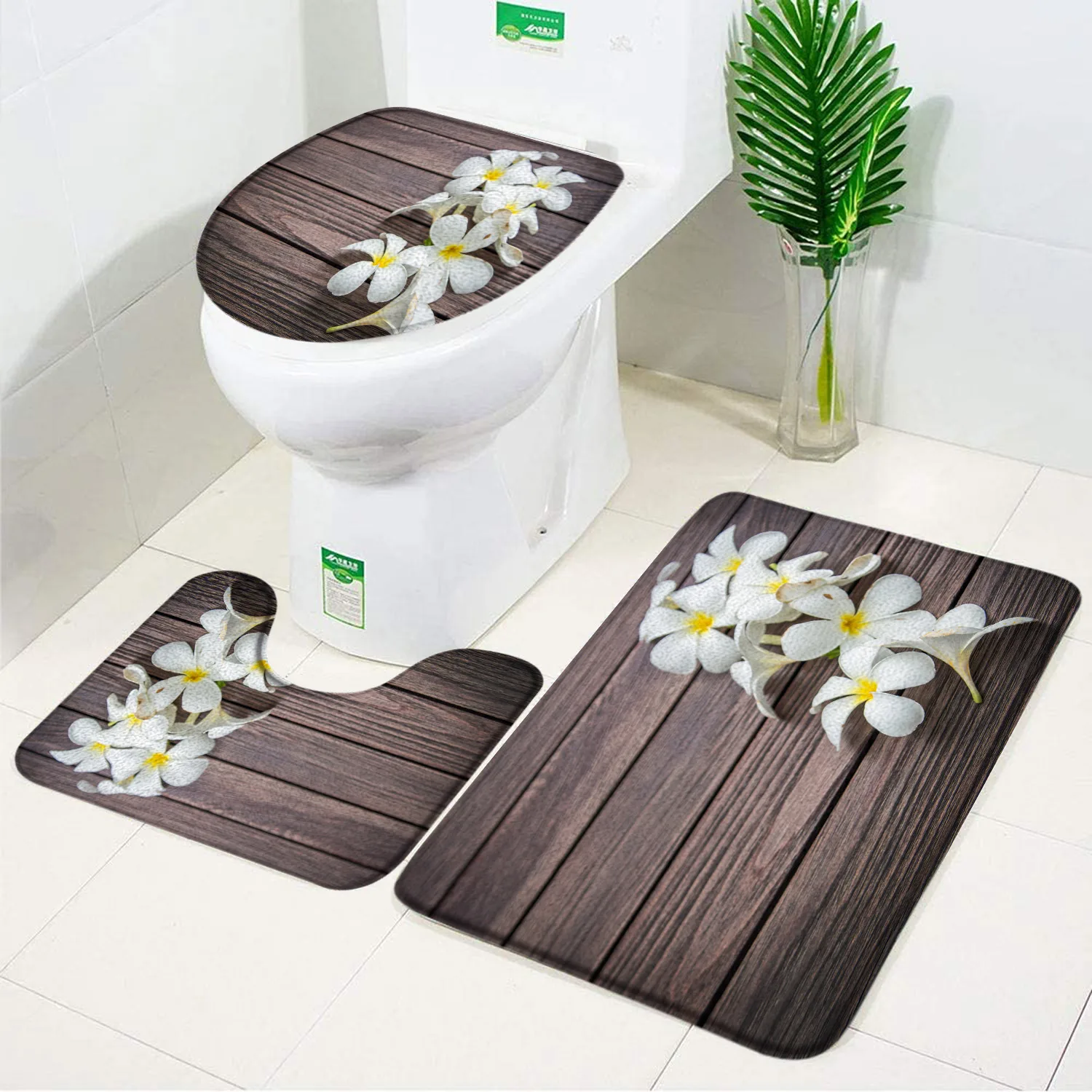 3pcs Set Purple Flower on Old Wooden Board Bath Mat Floral Rural Retro Decor Flannel Anti-slip Bathroom Rug Carpet Toilet Cover