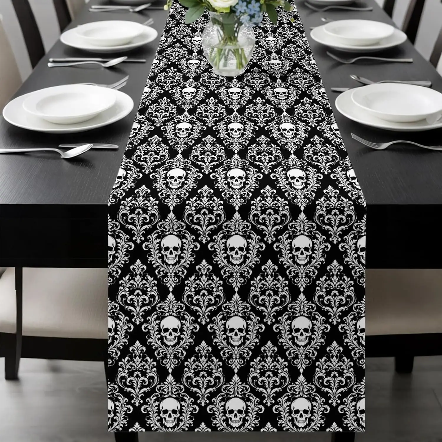 Halloween Skull Skeleton Flower Damask Linen Table Runner Party Decor Reusable Kitchen Dining Table Runner Halloween Decorations