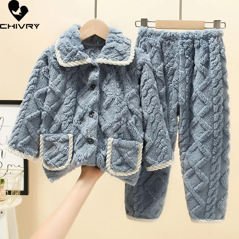 New Kids Boys Girls Autumn Winter Thicken Warm Flannel Pajama Sets Baby Single-breasted Lapel Solid Sleepwear Pyjamas Clothing