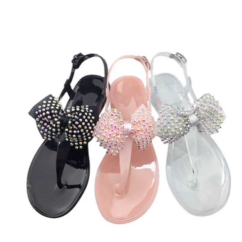 Lady Jelly PVC Plastic Sandals With Buckle Strap Crystal Big Bowtie Shoes Clear Pinkish Thongs Chaussure Wide Fits 36-42 Lesiure