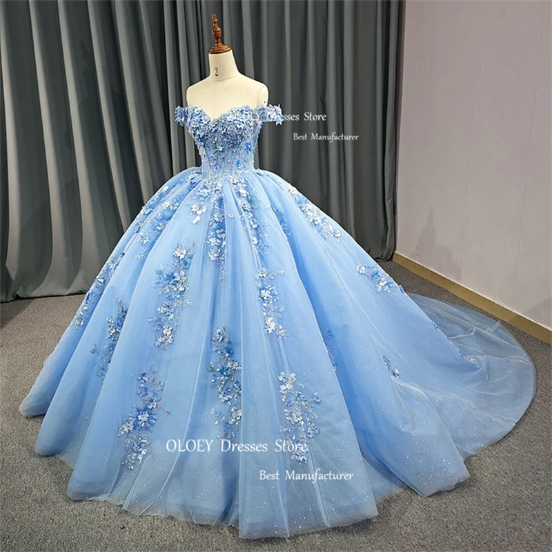 OLOEY Sexy Off Shoulder Lace Luxury Quinceanera Dresses Wedding Gowns Shiny Glitter 3D Flowers Gowns Party 15 18 Sweet Girls