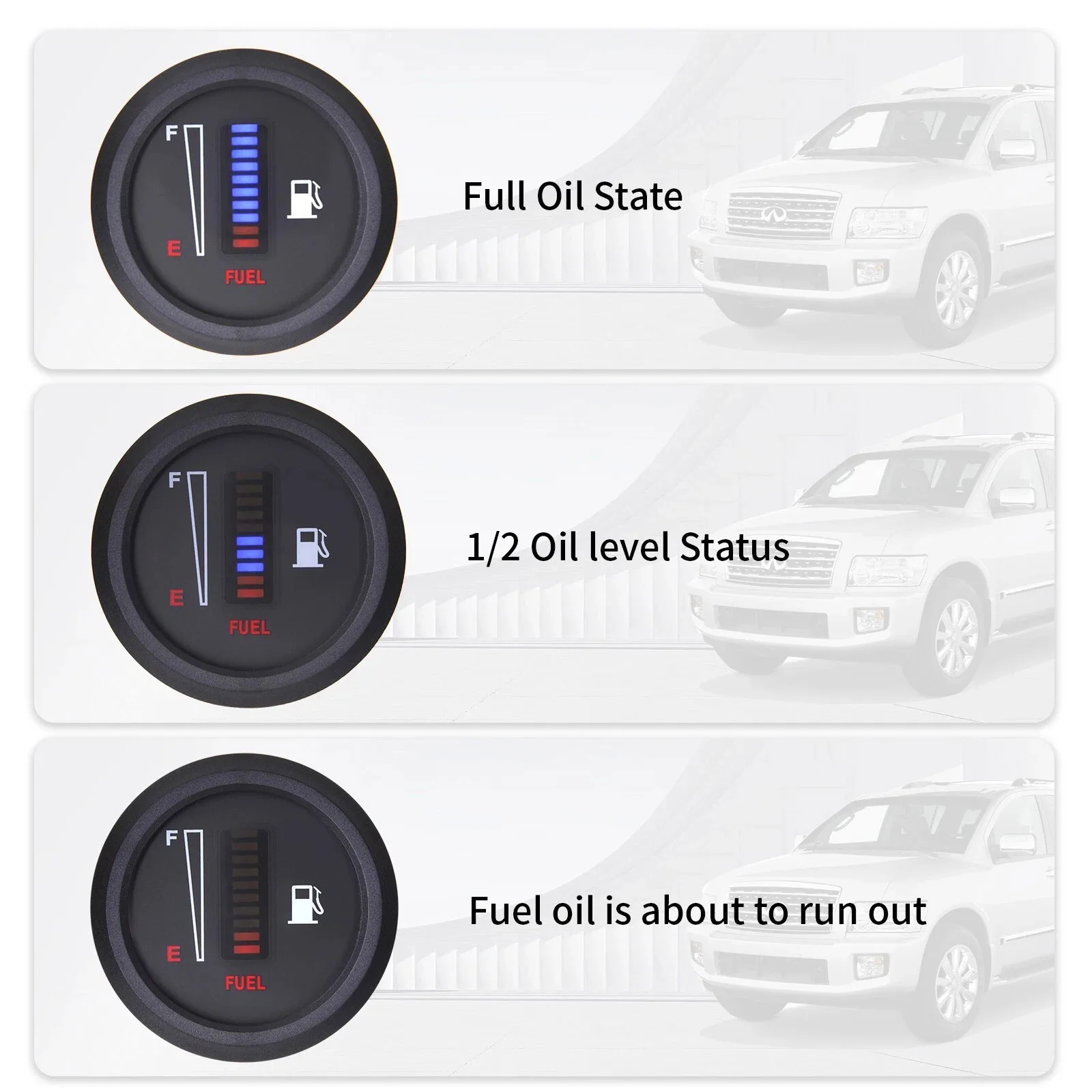2" 52mm Fuel Level Gauge 8 Blue 2 Red LED for Car Motorcycle Boat 12V 24V DC with Delay Function Universal ABS view 4