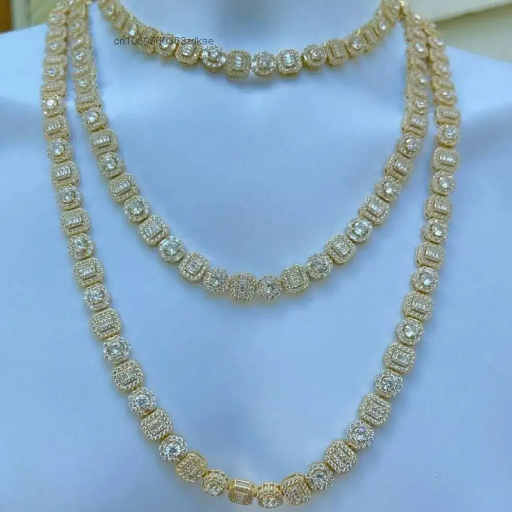 Collares de tenis de lujo de plata de ley 925 con diamantes baguette engastados, cadena de tenis redonda y cuadrada de oro macizo para hombre y mujer.