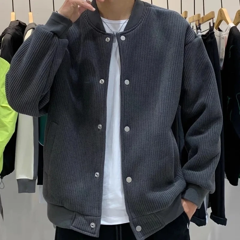 

Вязаная бейсбольная куртка большого размера для мужчин, осенне-зимняя повседневная верхняя одежда для пар, модная брендовая молодежная однотонная одежда