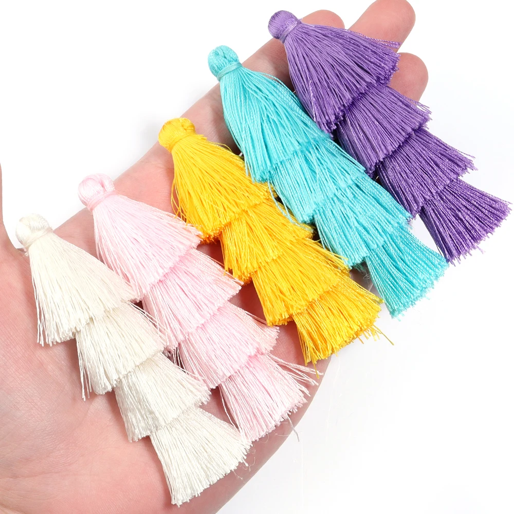 4 Stück/Set 8cm lange Polyester-Quasten, bunte vierlagige Quasten-Anhänger für Schmuckherstellung, DIY-Ohrringe, Schlüsselanhänger, Taschen-Dekoration – Detail 5