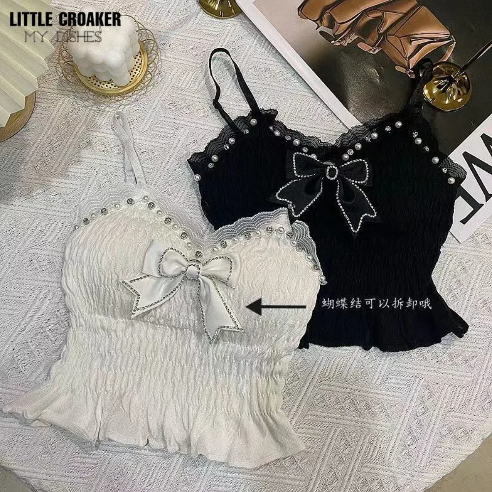 Cute Tanks Camis Black White Lace Beaded Crop Tops Women 2024