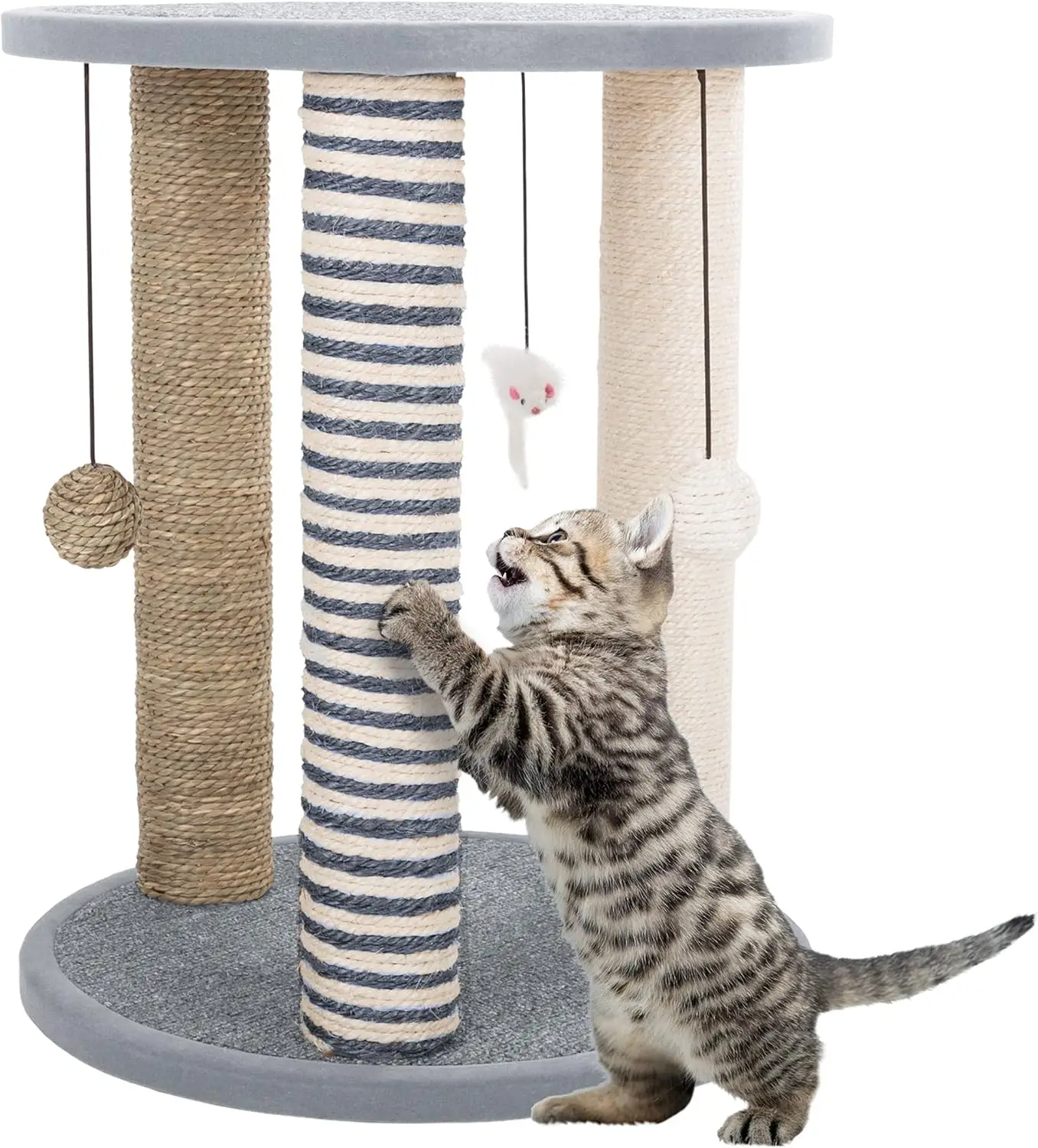 

Cat Scratching Post - 3 Scratcher Posts with Carpeted Scratch Pad Base and Perch - Furniture Scratching Deterrent for In