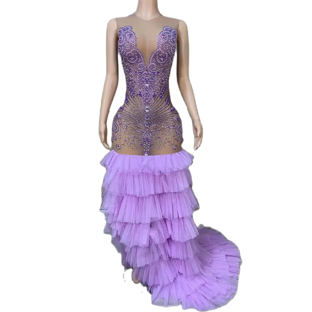 Sexy Stage Long Purple Rhinestone Prom Dress Mermaid Style Fitted Silver Purple Mesh Black Girl Prom Formal Photoshoot Gowns