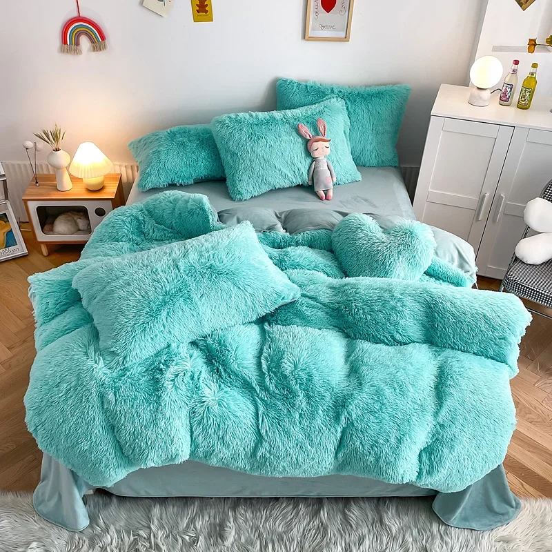 3Pcs Fluffy Black Plush Shaggy Duvet Cover +2Pcs Pillowcases Zipper Bedding set Soft Velvet