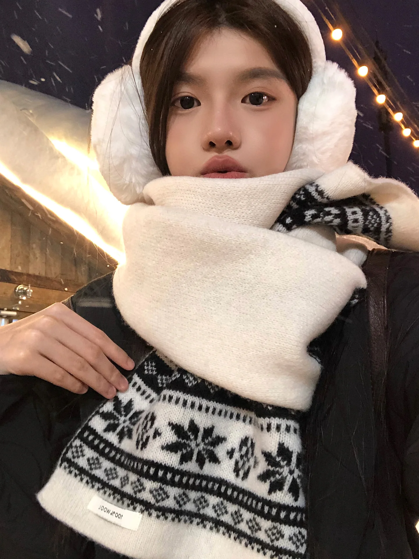 100% Pure Wool Fair Isle Knitted Scarf Women's Winter Vintage Warm Atmosphere Neck Protection Scarf Long Rectangle Shape