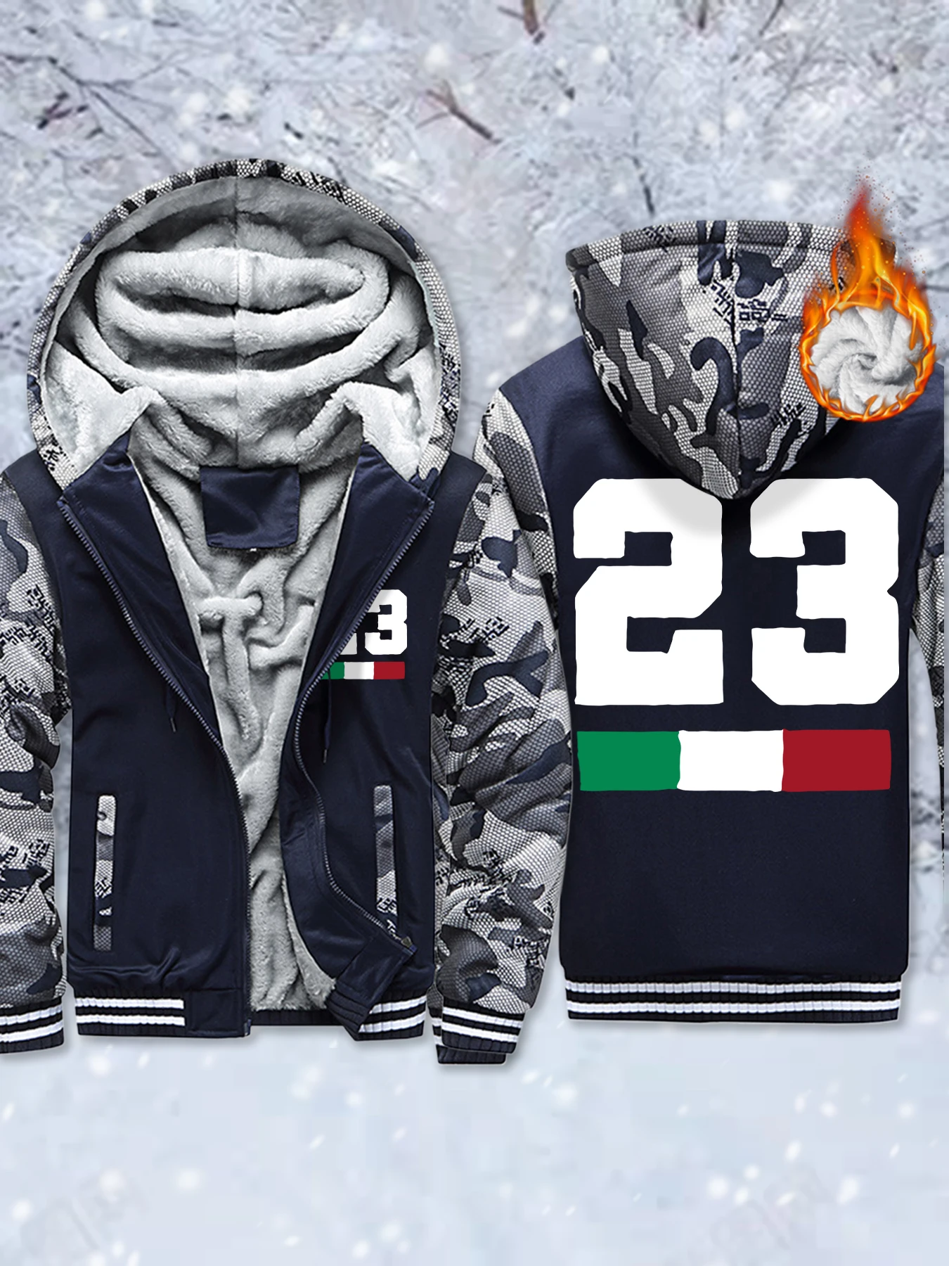 

Number 23 Itaily Flag Pattern Mens Coat Warm Fleece Hoodie Casual Fashion Zipper Jackets Comfortable Outdoor Street Jacket