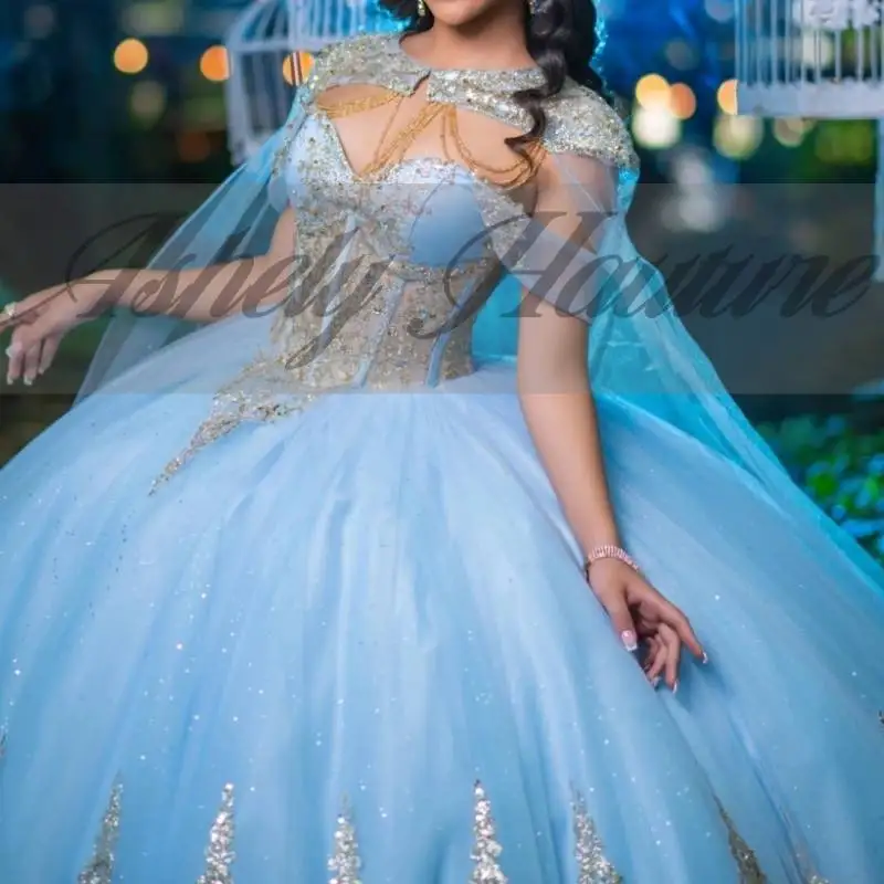 A3919 فساتين Quinceanera باللون الأزرق السماوي 15 مع كيب شرابة الخرز Ballgown حفلة موسيقية حفلة عيد ميلاد Vestido De xv Anos مناسبة مخصصة