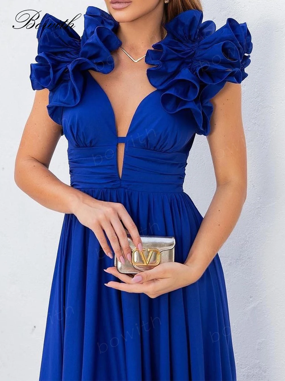 Bowith-vestido de fiesta de noche para mujer, traje Formal con hombros de flores, color azul real, elegante, 2024