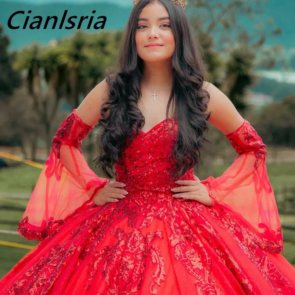 Vestido De baile De quinceañera con manga desmontable, rojo, escote Corazón, apliques De lentejuelas, corsé De encaje, 15 Años