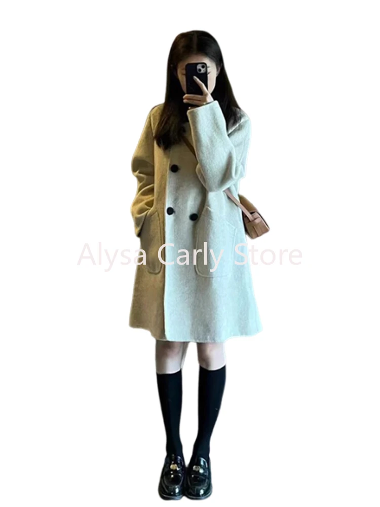 2023 Winter Korean Woollen Coat Women Preppy Style Pockets Chic Japanese Sweet Jacket Female Double Breasted Fashion Warm Coats