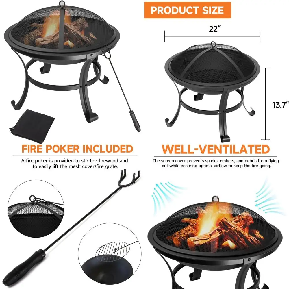 

portable 22" round metal fire pit with steel bowl, mesh lid, poker, and cover