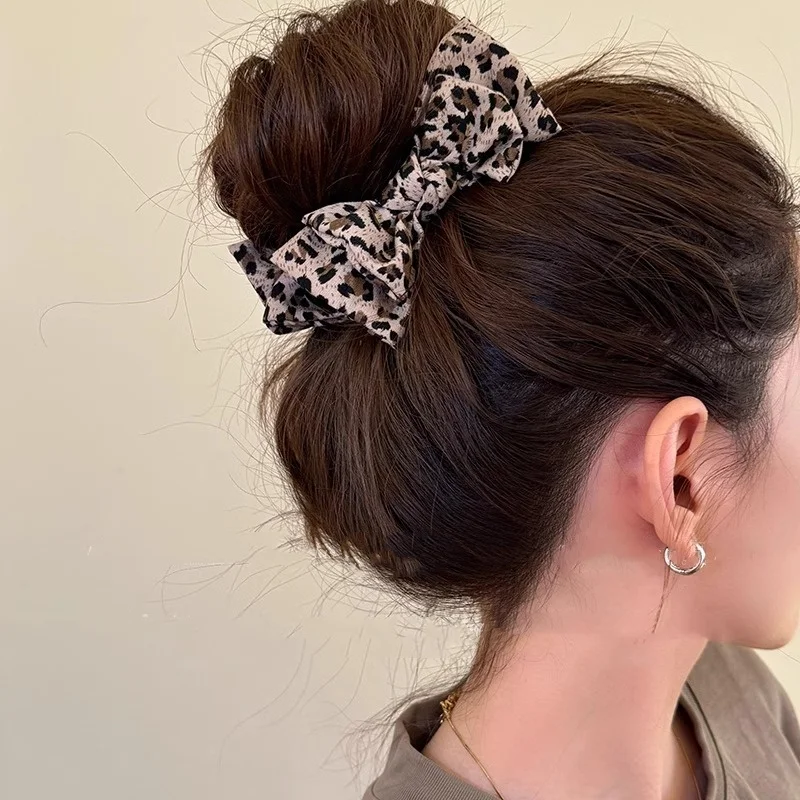 1PC Leopard Bow Marble Head Grab Clip Advanced Sense Net Red New Temperament Fashion Plate Fixed High Ponytail Hair Clip image 5