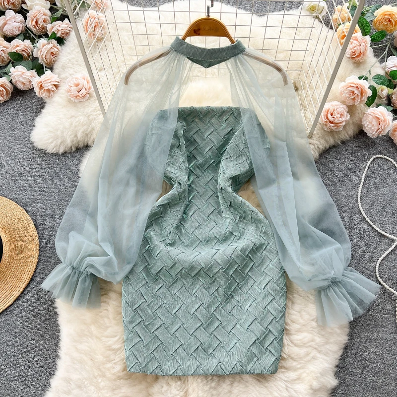 

Весенне-летнее новое элегантное платье с рукавами-фонариками, сетчатое, облегающее, подчеркивающее фигуру, для женщин, на отдых и вечерние мероприятия.