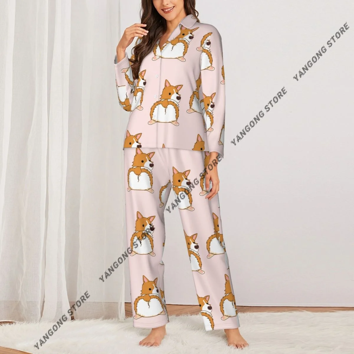 Funny Corgi Dog Pattern Womens Pajamas Loungewear Two-piece Sleepwear Button-Down Full Sleeve Long Pajamas Set