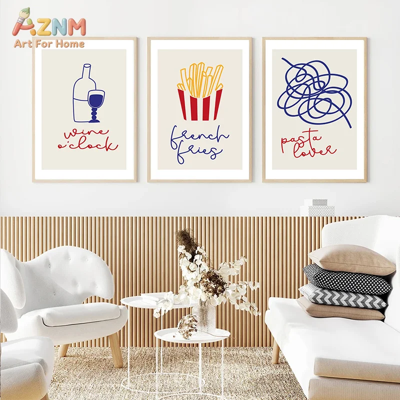 AZNM Retro Seafood Food Canvas Wall Art Lobster Sardine Pasta French Fries Trendy Kitchen Dining Room Decor Poster Unframed