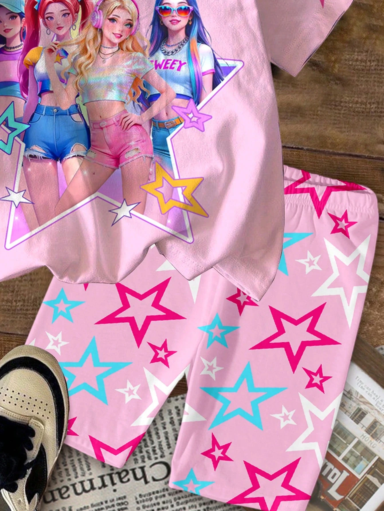 2-teiliges Mädchen-Outfit, übergroßes T-Shirt mit K-POP-Girl-Group-Star-Print und Biker-Shorts-Set mit Sternenmuster – Detail 4
