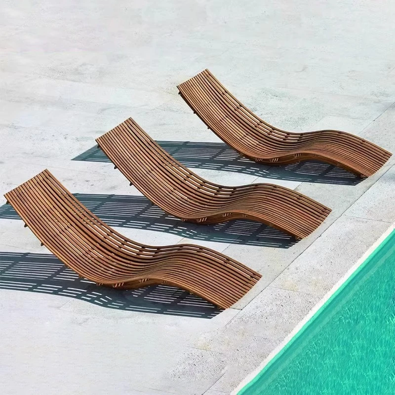 

Solid wood leisure swimming pool lounge chair Open-air waterproof and sunscreen courtyard balcony rattan outdoor beach chair