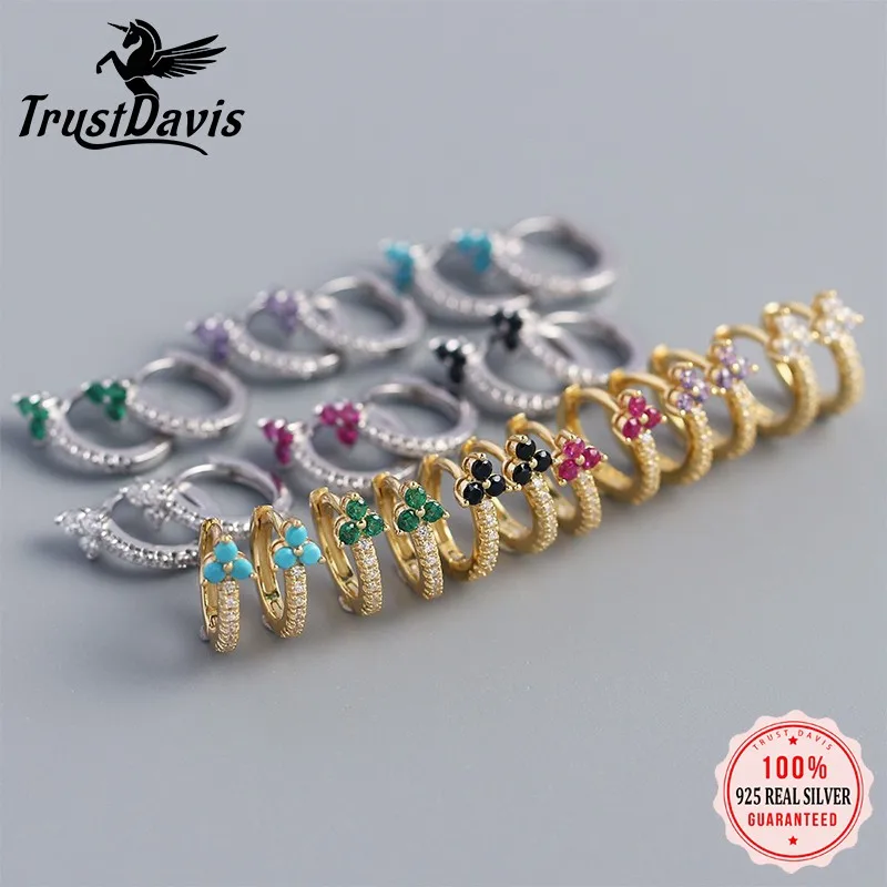 

TrustDavis 925 Real Sterling Silver Fashion Simple Multicolored Flower Zircon Hoop Earrings for Women Jewelry Birthday DS3969