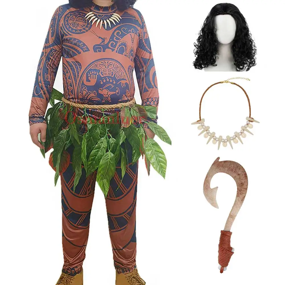 Мужская и женская футболка с татуировкой Мауи, брюки, карнавальный костюм на Хэллоуин для взрослых, костюм Моаны Листья Мауи