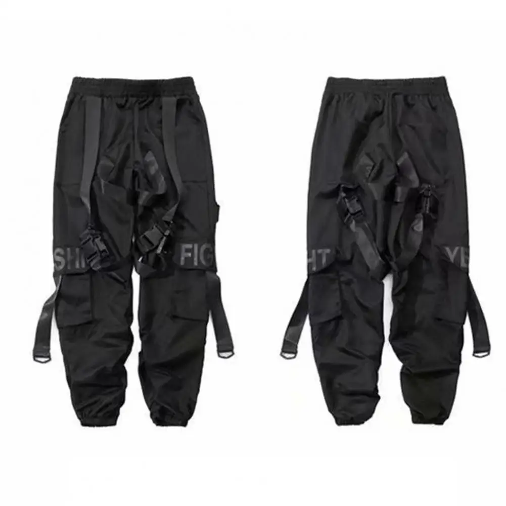 Men Cargo Pants with Multiple Pockets Hip Hop Style Men's Cargo Pants Individual Straight Leg Strap Decor Solid Color Deep