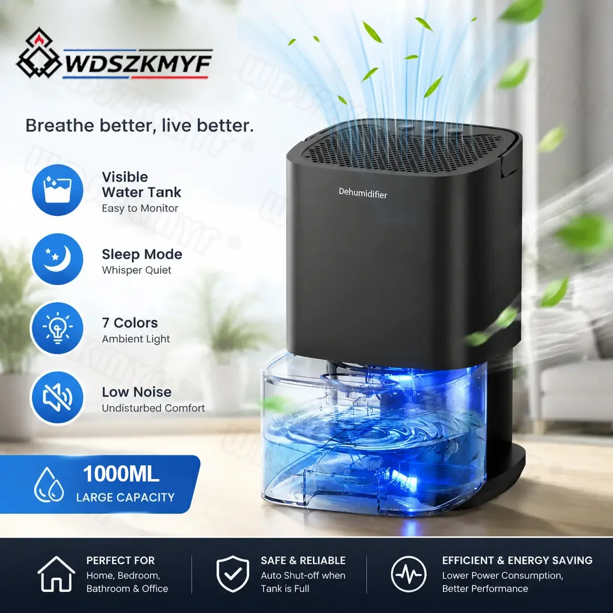 1000ML Portable Air Dehumidifier Moisture Absorbers Machine Home Air Dryer  Low Noise  For Bathroom Kitchen Clothes Desiccant