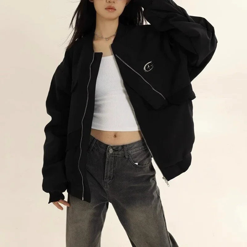 アメリカンメタルデトールコットンジャケット女性秋冬クルーネック長袖ジャケット女性ファッションジッパーアップコート女性