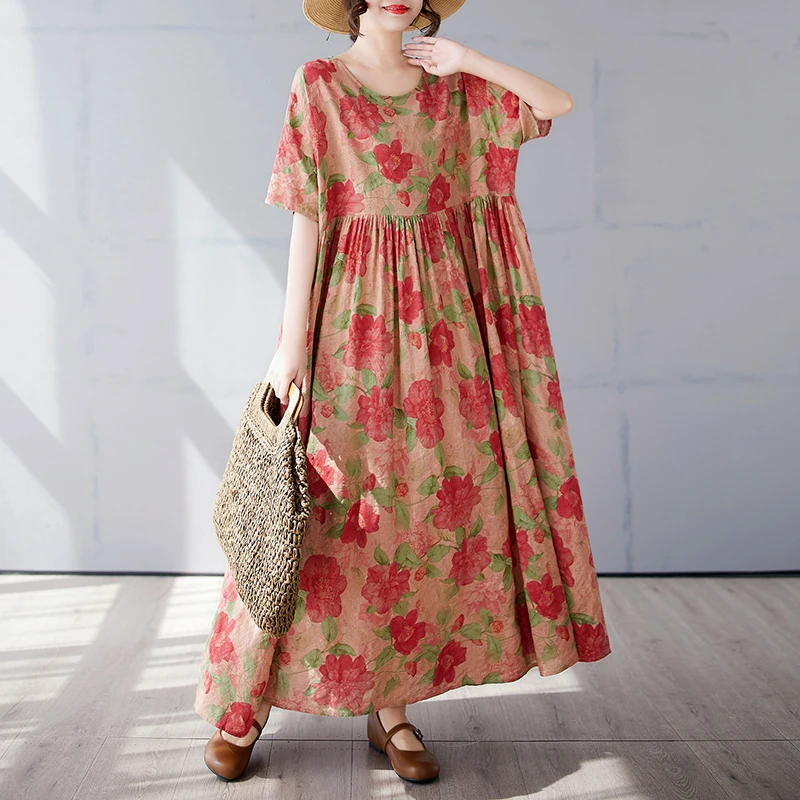 2025, katoenen en linnen jurk dames zomer casual losse retro maxi-jurk met korte mouwen en bloemenprint