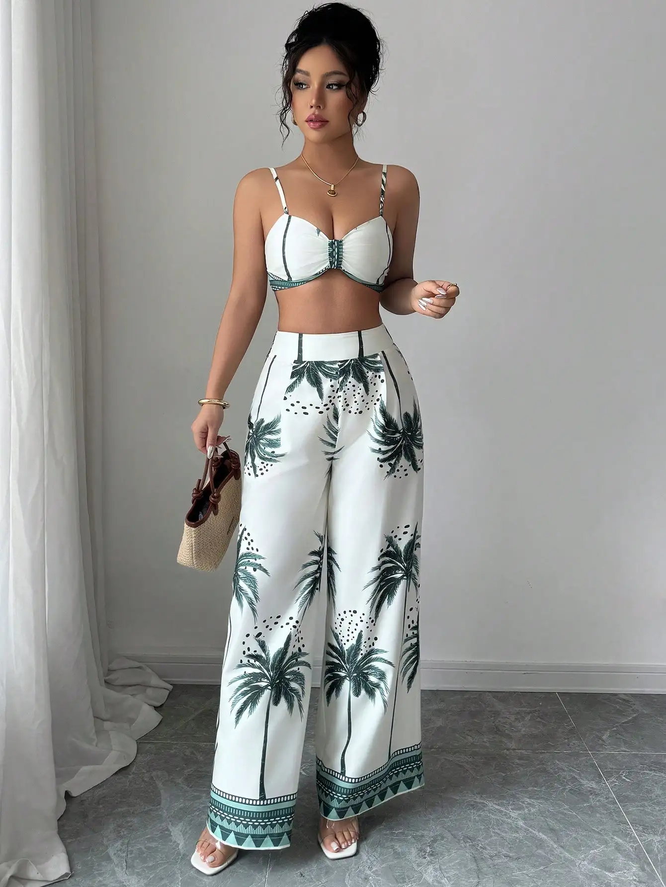 Women's Tropical Palm Print Two Piece Set with High Waisted Wide Leg Pants & Strappy Crop Top for Summer Vacation