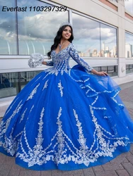 EVLAST Customized Royal Blue Quinceanera Dress Ball Gown White Lace Applique Beading Sweet 16 Vestido De 15 Anos TQD436