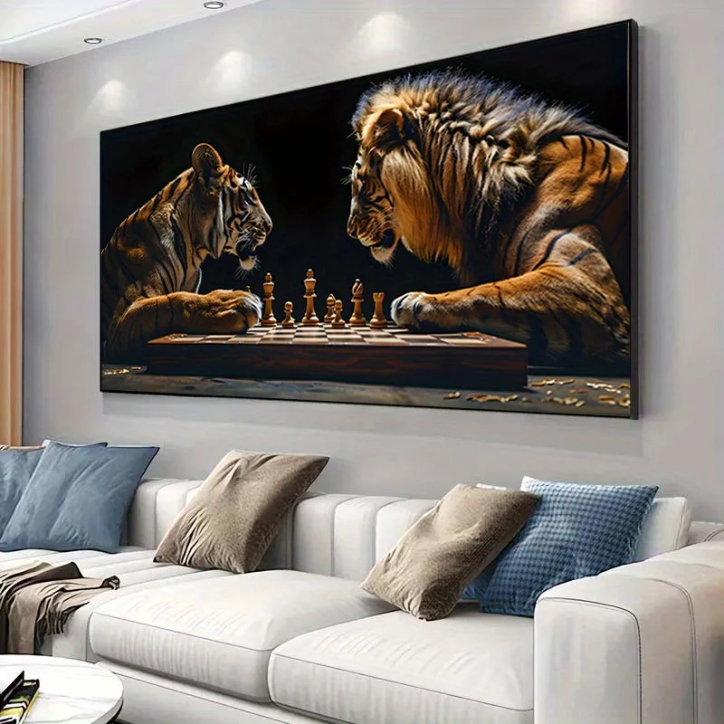 Large Frameless Canvas Art | Majestic Tigers and Lion Chess Scene, Modern Wall Decor for Living Room and Bedroom, Intricate Anim