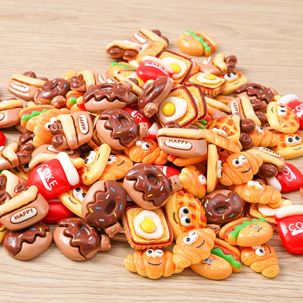Tusember 15 Uds. De dijes de donuts tostados de Coca-Cola de hamburguesas, parte posterior plana de resina para accesorios de joyería DIY, juguetes para mujeres y niñas