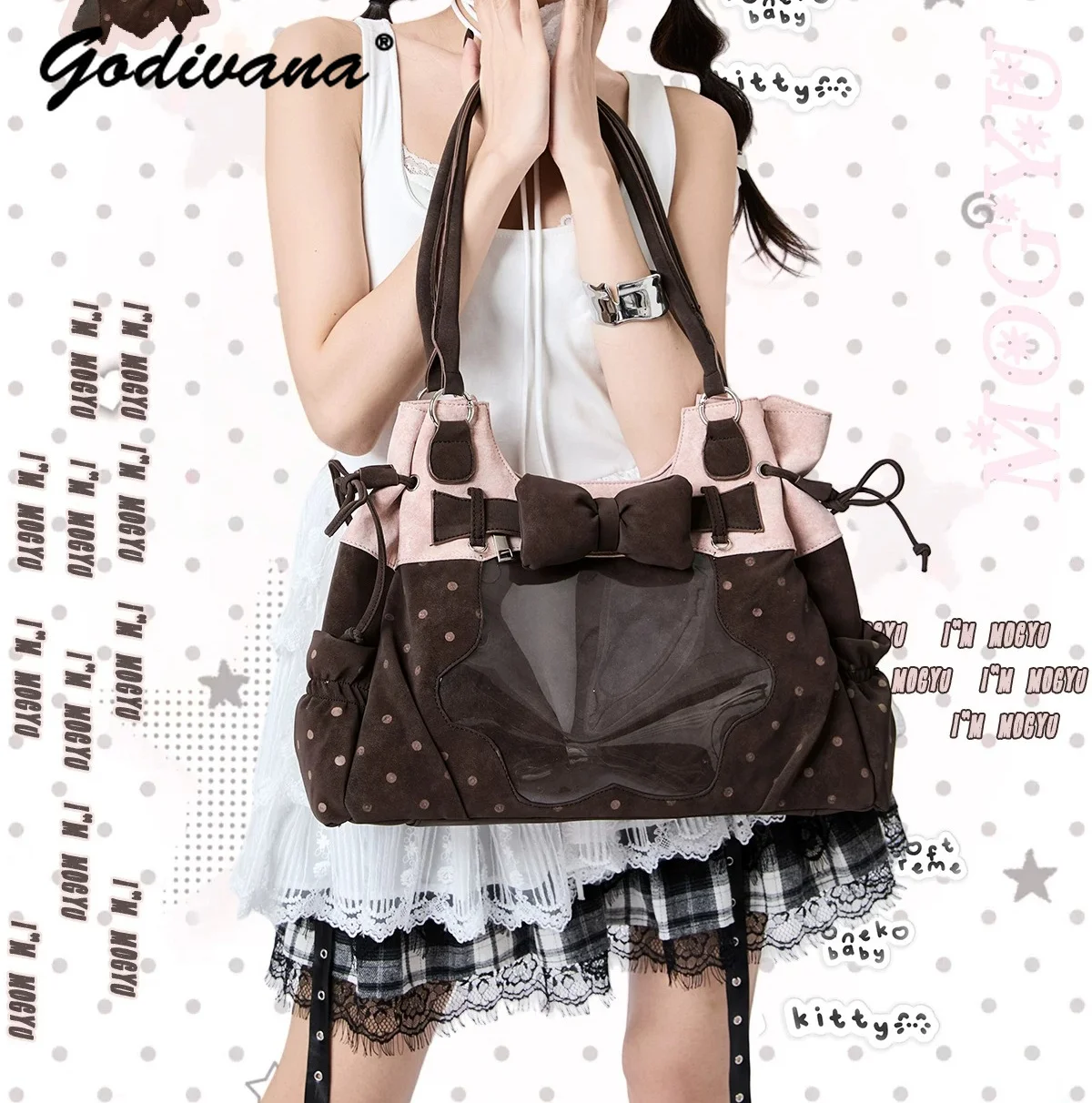 Original Cute Bow Polka Dot Color Block Tote Bag Girl Women's Large Capacity Shoulder Bag Sweet Cool Handbags
