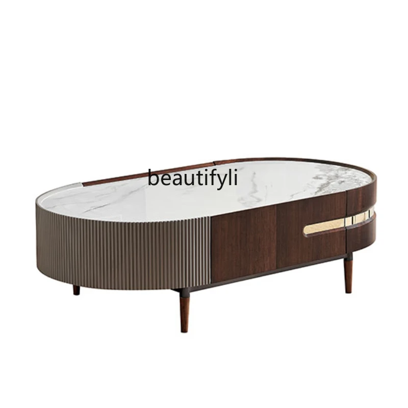 

Italian Minimalist Oval Coffee Table New Designer Living Room Home Light Luxury Stone Plate Tea Table