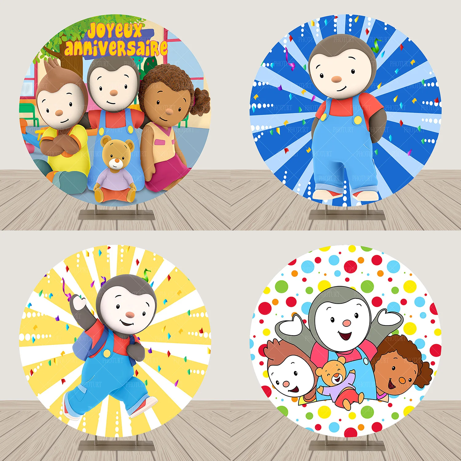 Round Tchoupi and His Friend Background Kids Birthday Party Backdrop Toy Monkey Bear Circle Banner Photography Studios Props