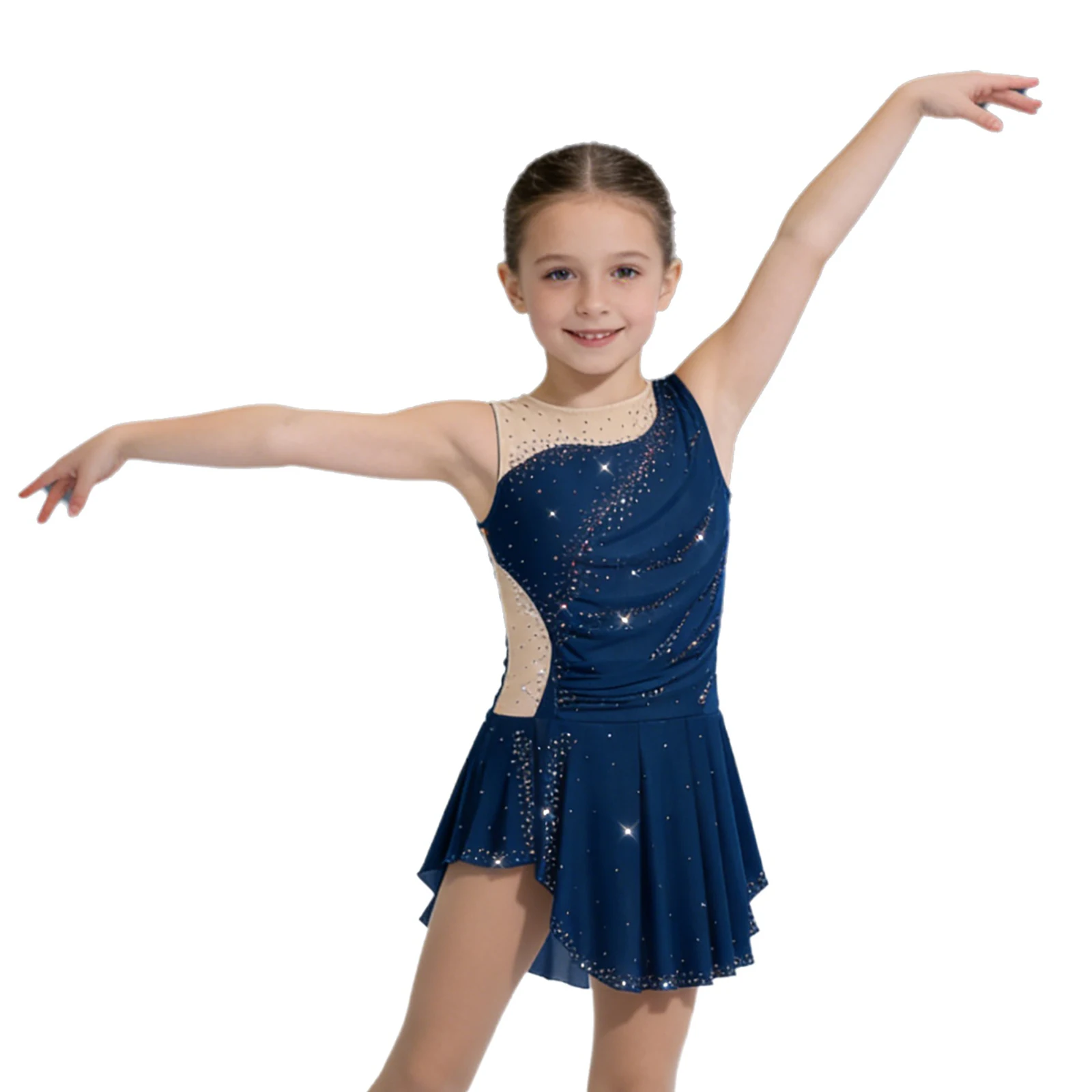 Kids Girls Figure Skating Artistic Gymnastics Performance Costume Sleeveless Shiny Rhinestones Mesh Ballet Dance Dress Leotard