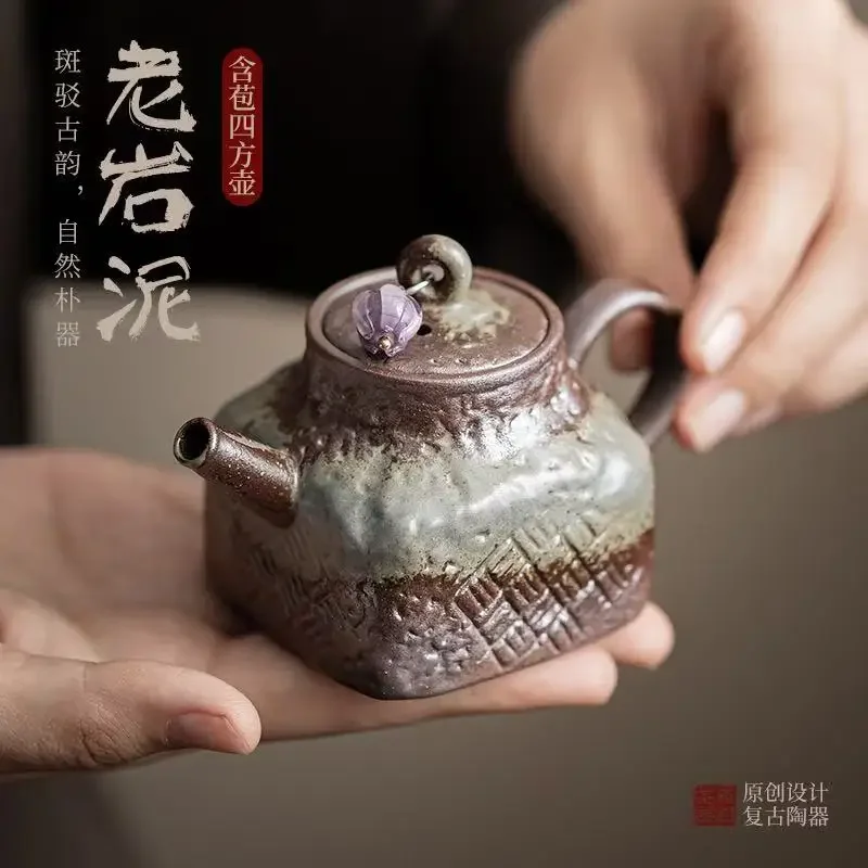 1Pc 100ML Old Rock Mud Buddha Square Pot Retro Chinese Brewing Teapot Single Pot Small Capacity Ceramic Filter Pot KungFu TeaSet