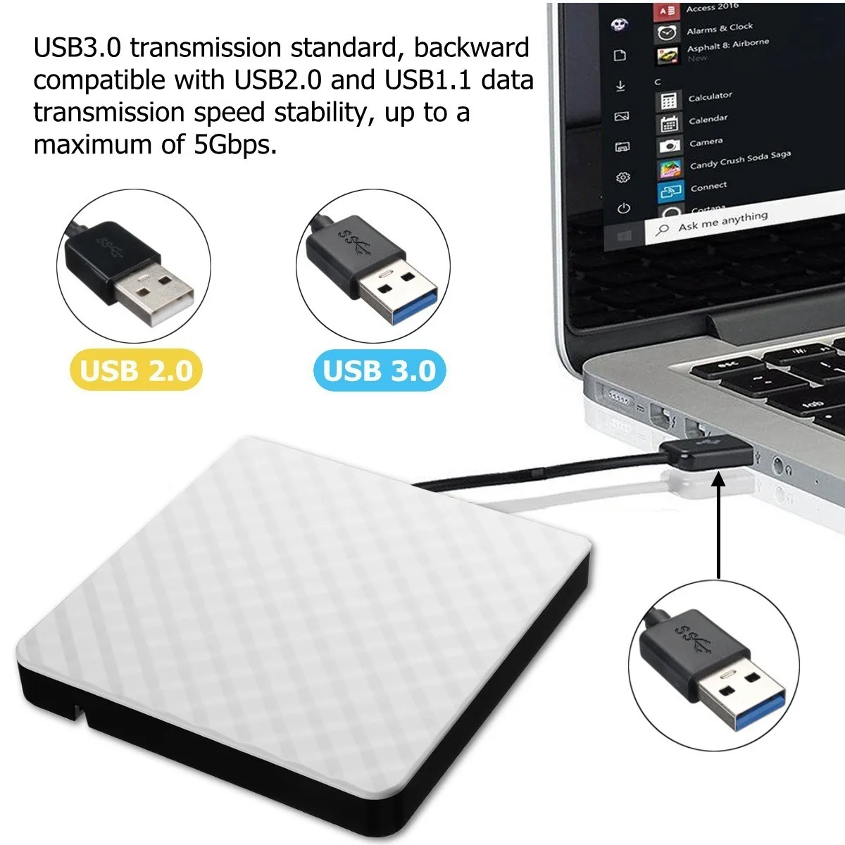 Black and White Ultra-thin External DVD RW CD Writer Drive, Burner, Reader, Portable Stereo Texture Laptop DVD Burner USB3.0