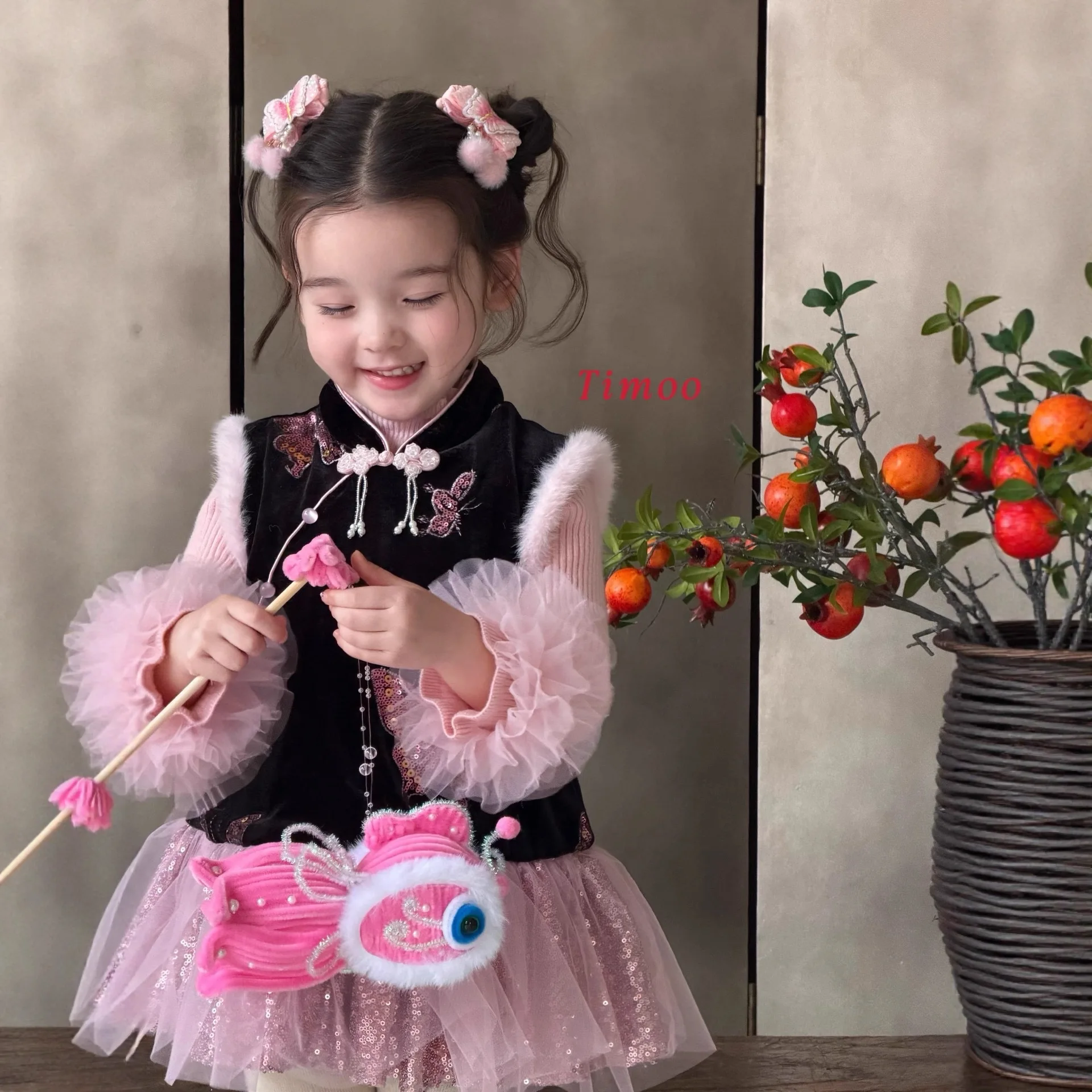 

Детский комплект, осенне-зимняя новая новогодняя одежда для девочек, плотное плюшевое теплое сетчатое лоскутное платье в китайском стиле, комплект из двух предметов