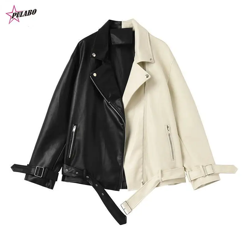 

PULABO Spring Autumn Lapel Splicing Pu Leather Jacket Women Moto Frenulum Faux Soft Leather Coat Casual Loose Outwear With Belt