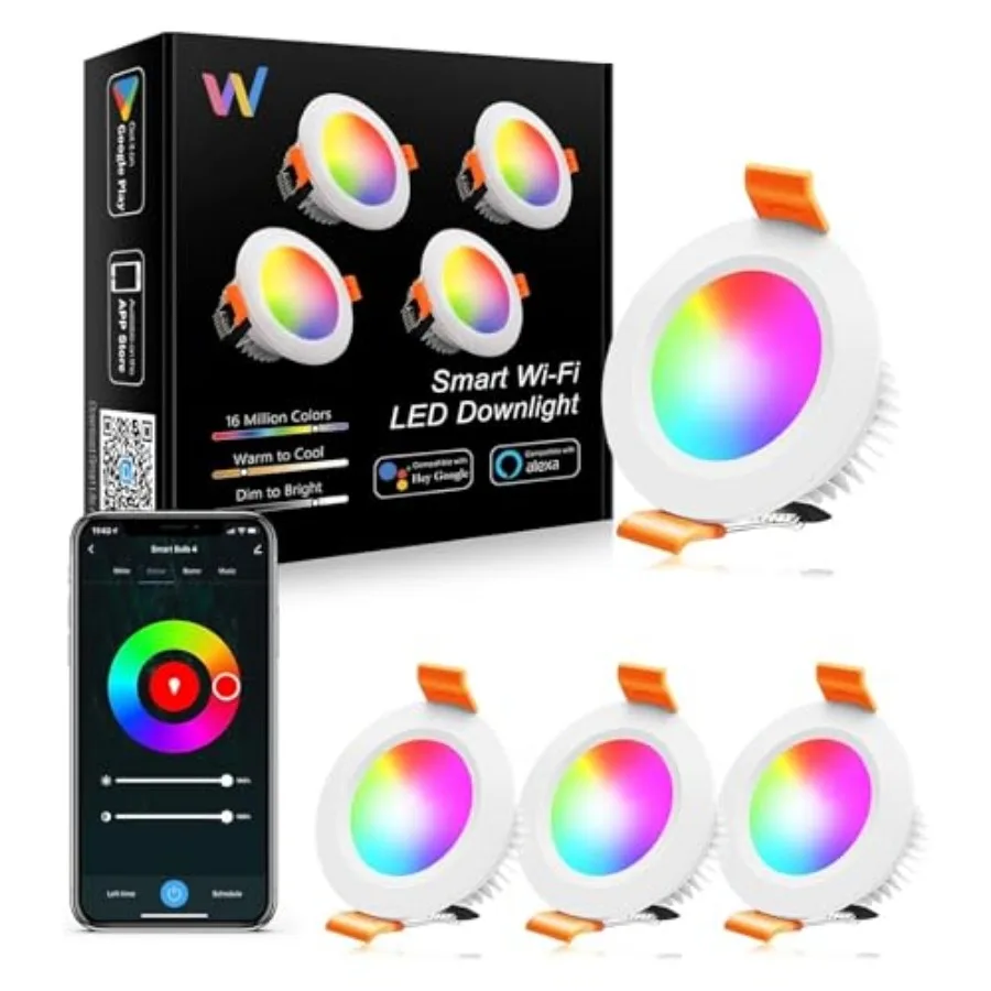 

2-дюймовый встраиваемый умный Wi-Fi LED светильник 5 Вт, потолочный светильник, совместимый с Alexa/Google Assistant, с регулировкой яркости и RGB-подсветкой