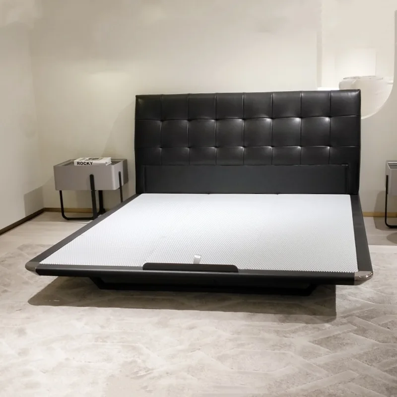 

Bed Italian minimalist modern minimalist light luxury designer hardware aluminum frame suspended first layer cowhide bed