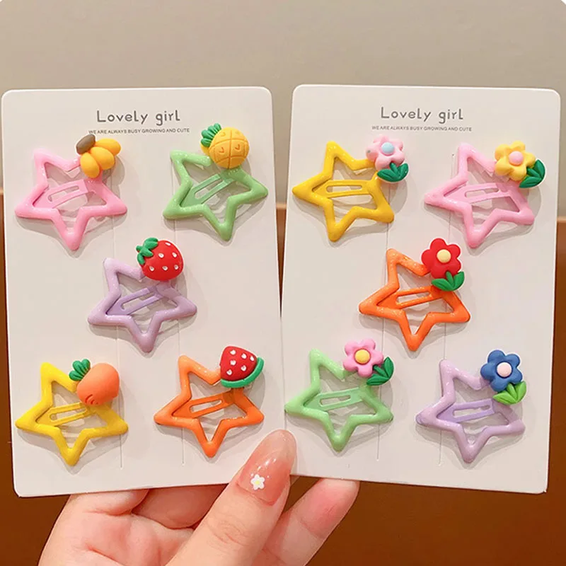 5pcs/set Cute Cartoon Flower Star Hair Clips For Girls Sweet Hair Decorate Side Hairpin Hairgrip Kids Lovely Hair Accessories